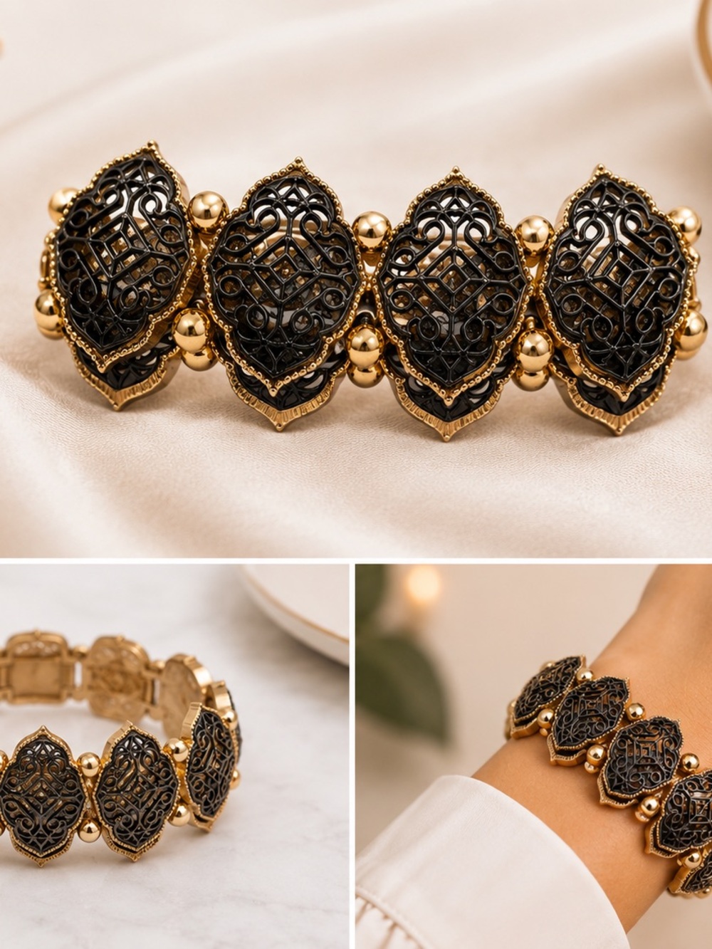 Gold and Black Filigree Stretch Bracelet - Women Jewelry